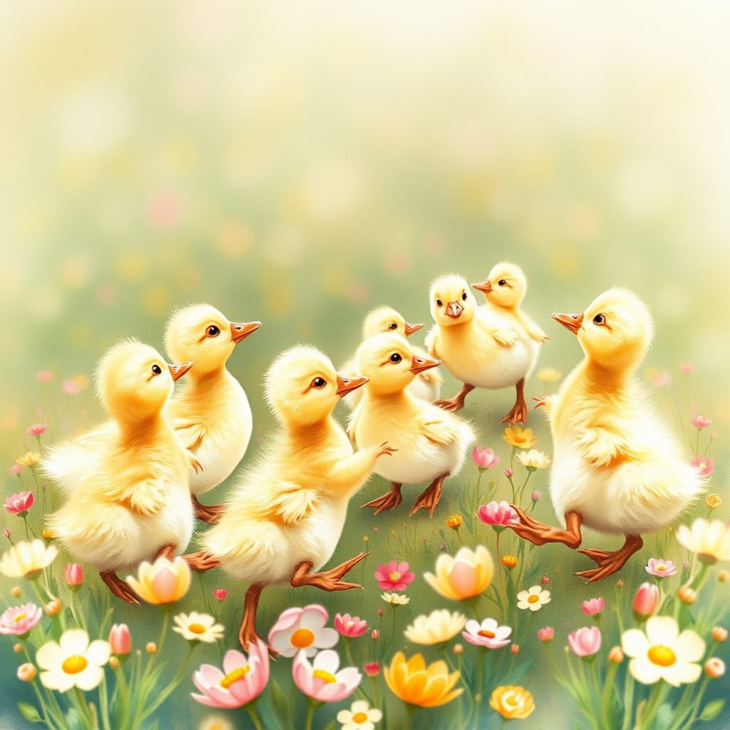 Dancing Ducklings in Flower Field, Watercolor Storybook