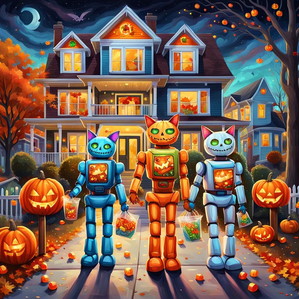 Vibrant Robot Cats Celebrate Halloween with Trick-or-Treat F...