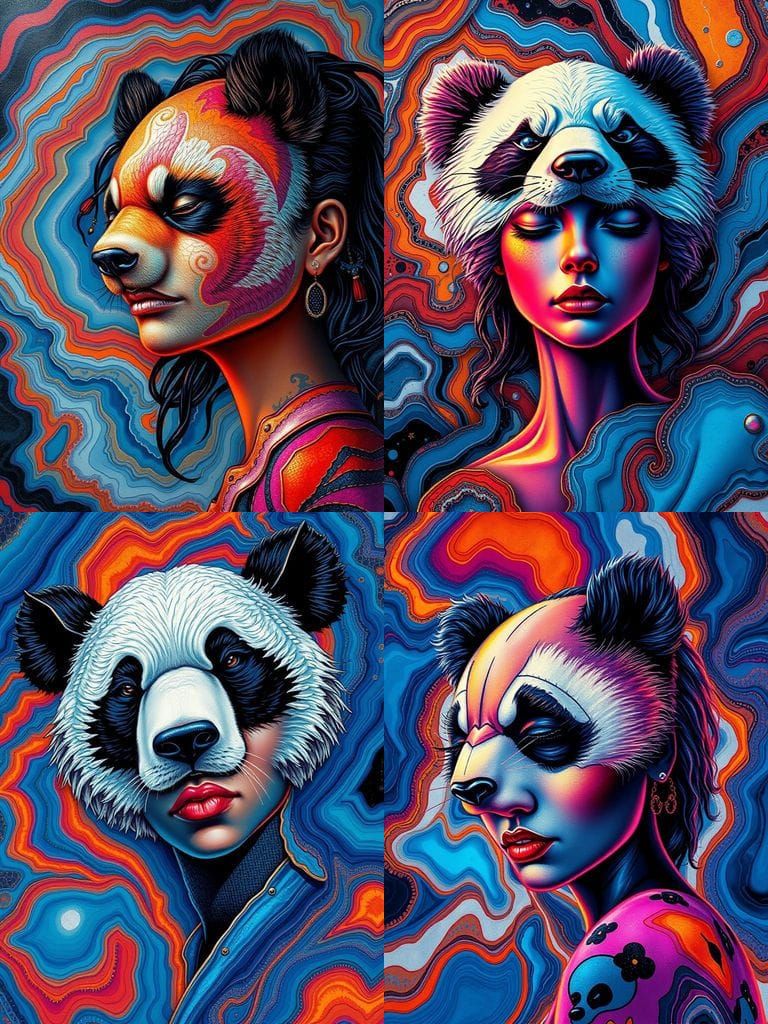Surreal Panda Collage of African Art with Agate Patterns