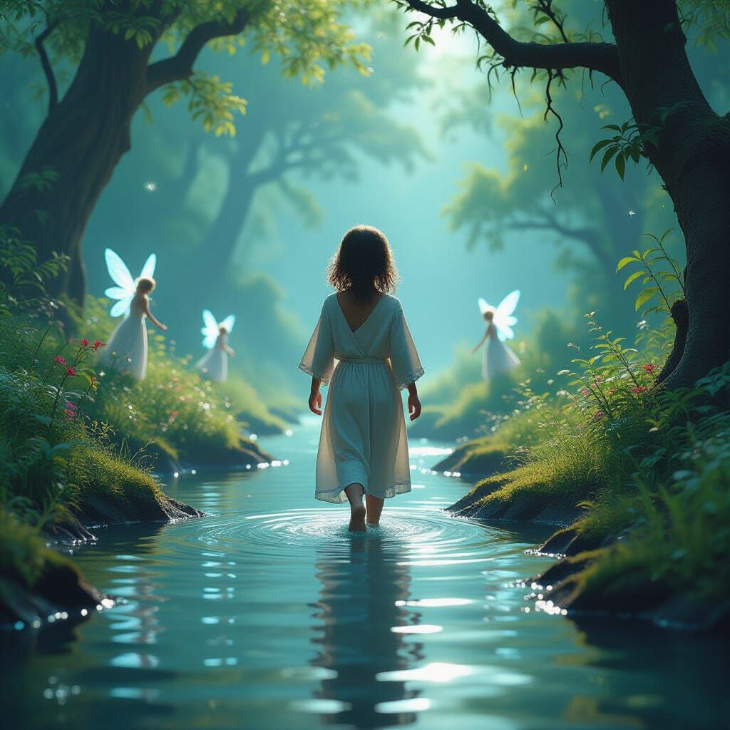 Enchanted Forest Stream with Luminescent Fairies
