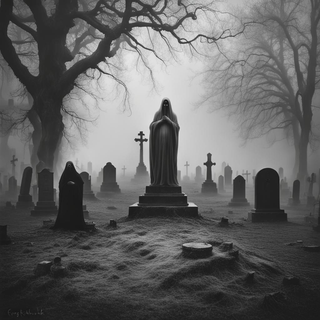 Misty Ghost Cries in Dark Graveyard