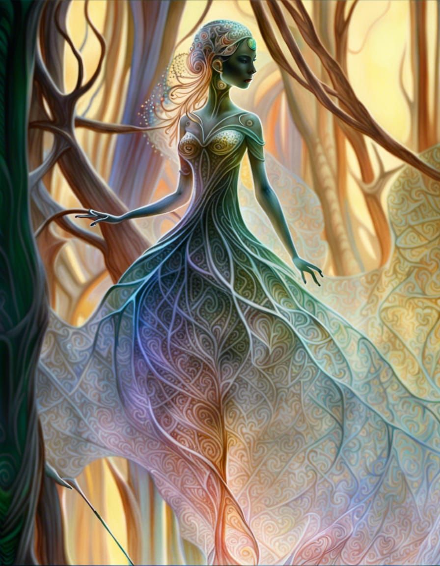 Crystal Fractal Forest Girl in Suminagashi Style