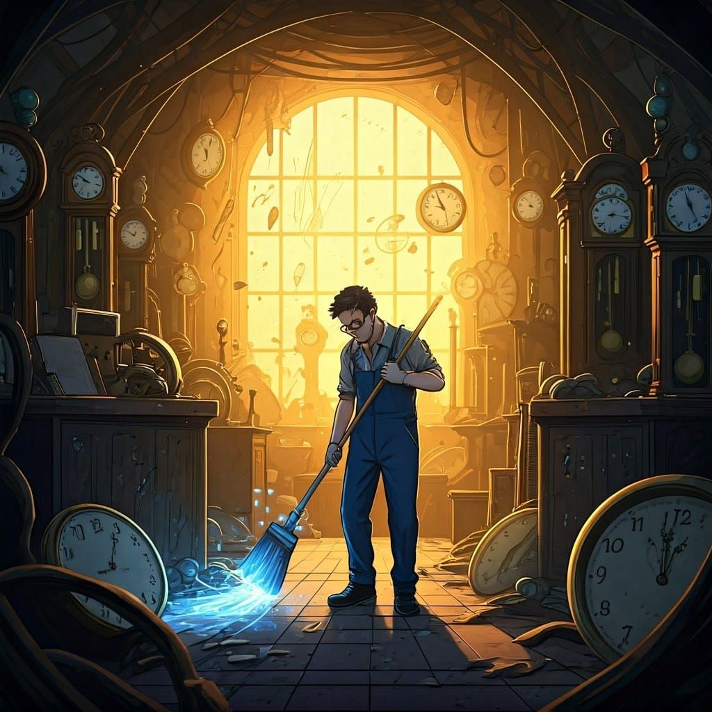 Janitor Sweeping Up Timelines in Retrofuturistic Workshop