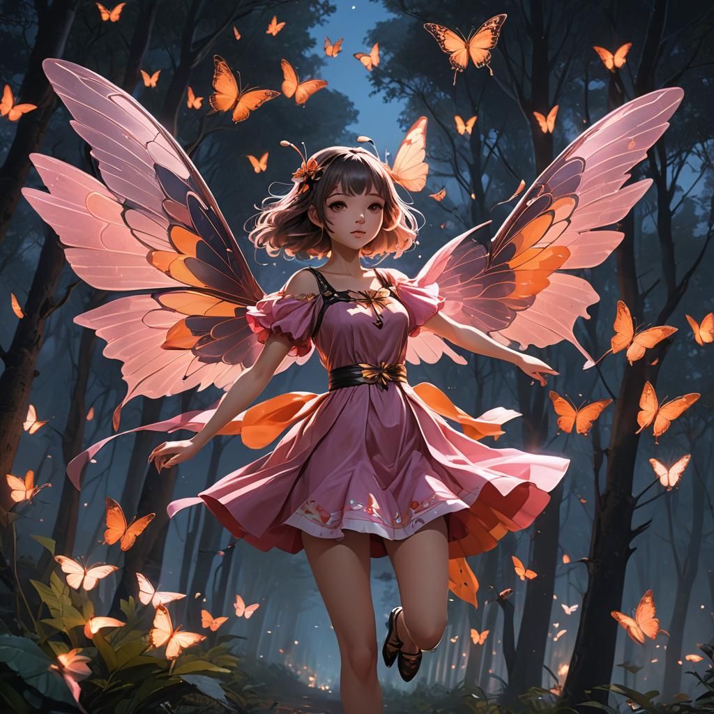 Anime Girl with Butterfly Wings Soaring at Night