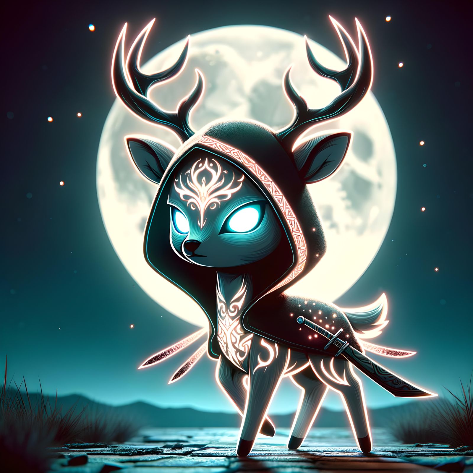 Chibi Undead Deer Assassin Under Moonlight