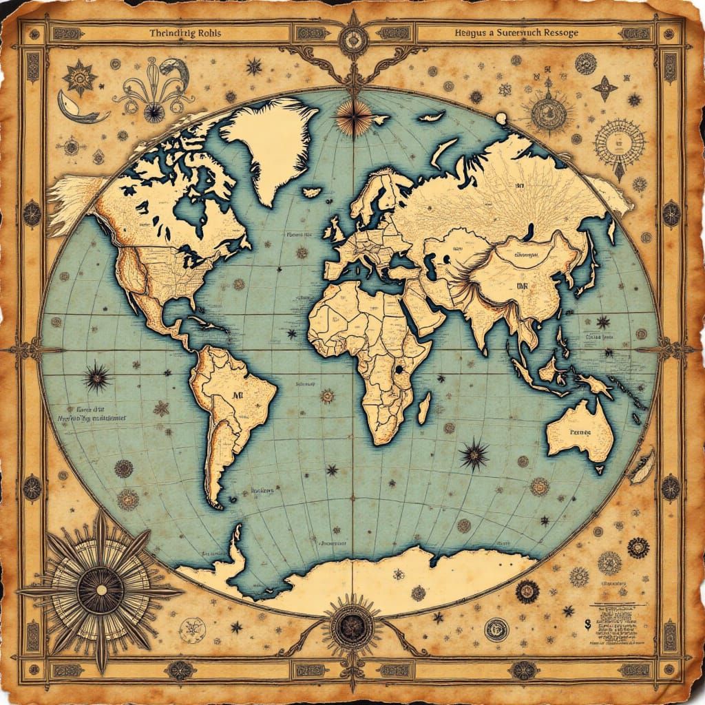 Antique World Map in Vintage Cartography Style
