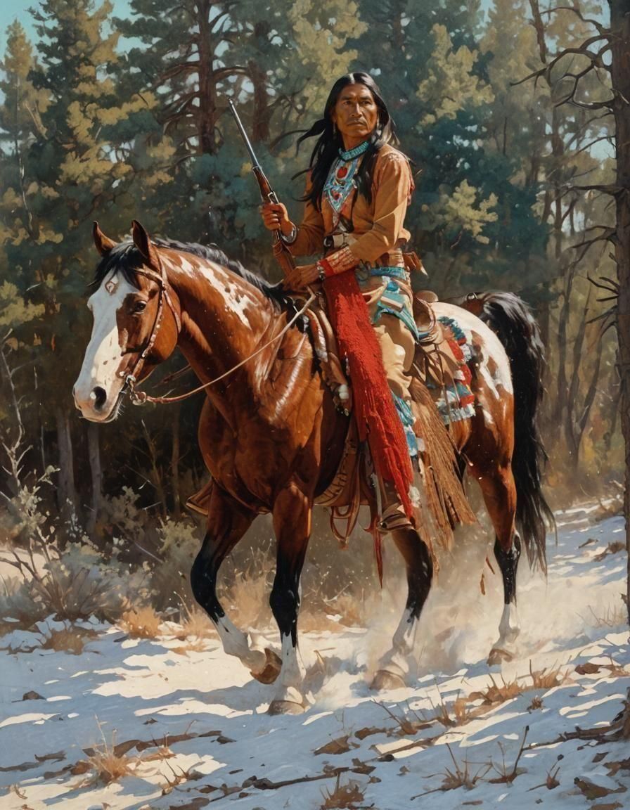 Native American Warrior in Snowy Forest