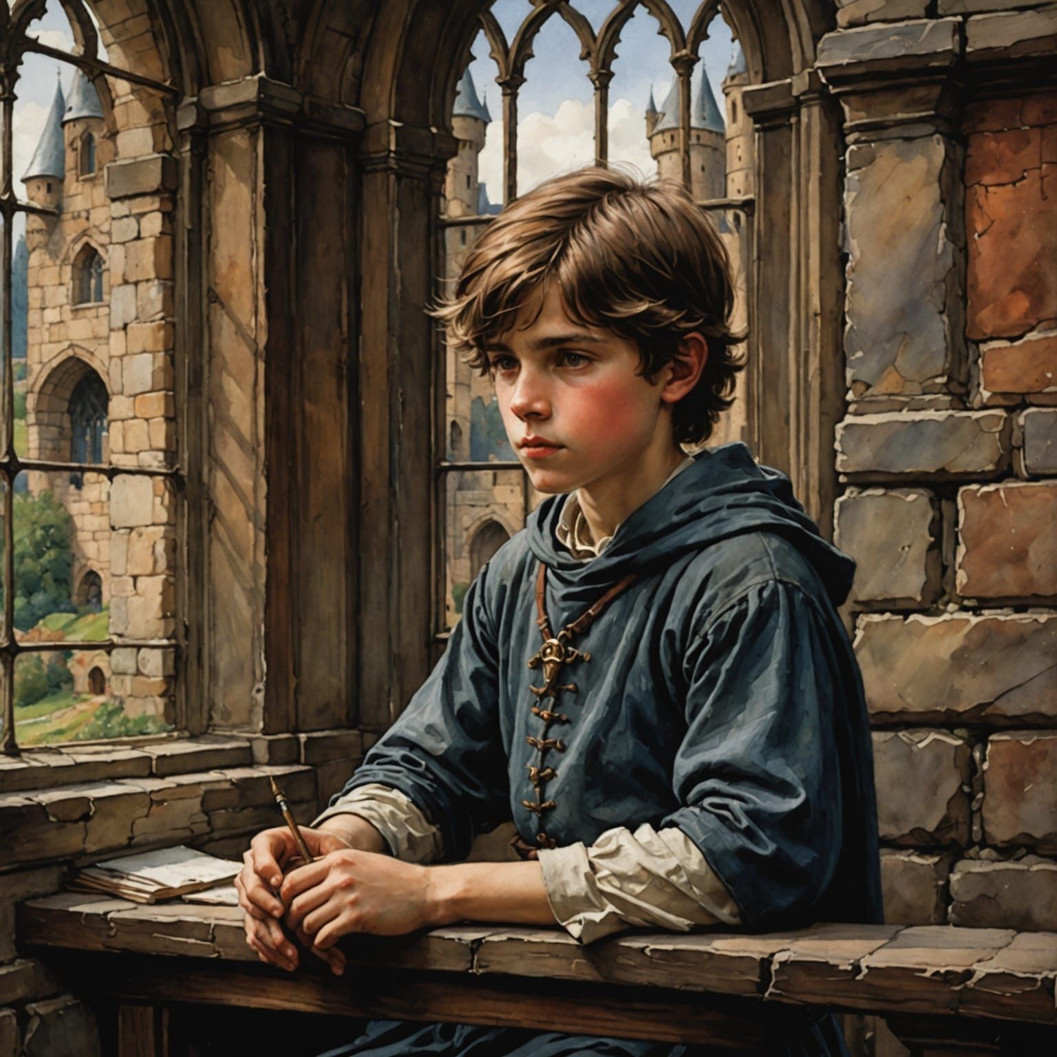 A Boy Lost in Thought by Castle Windows