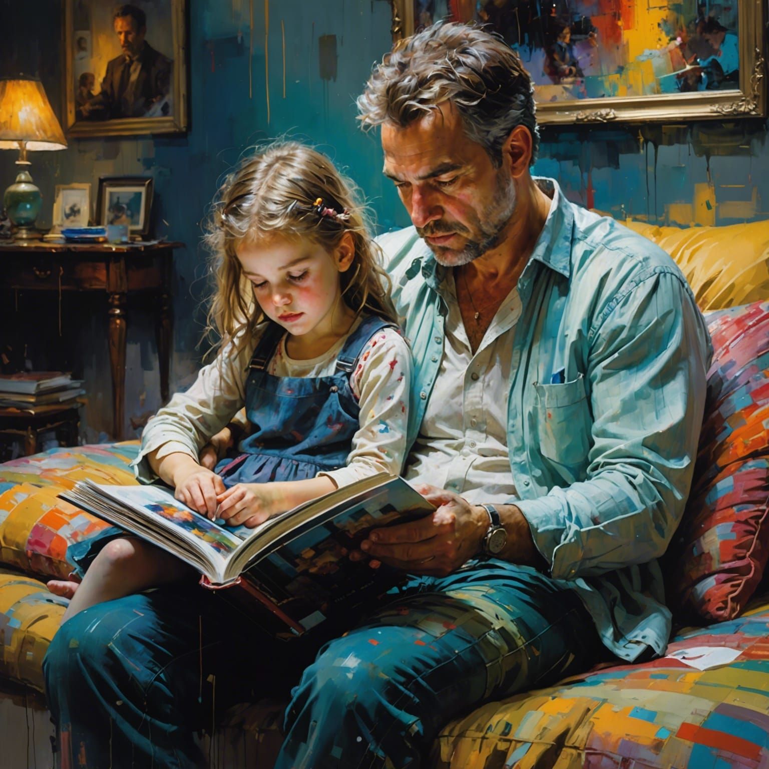 Father and Daughter Reading, Oil on Canvas Style