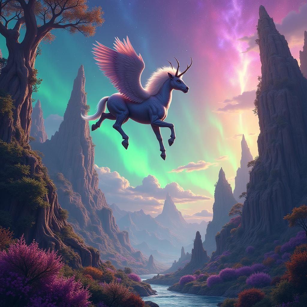 Fantastic Planet Landscape with Winged Centaur, Medieval Sty...