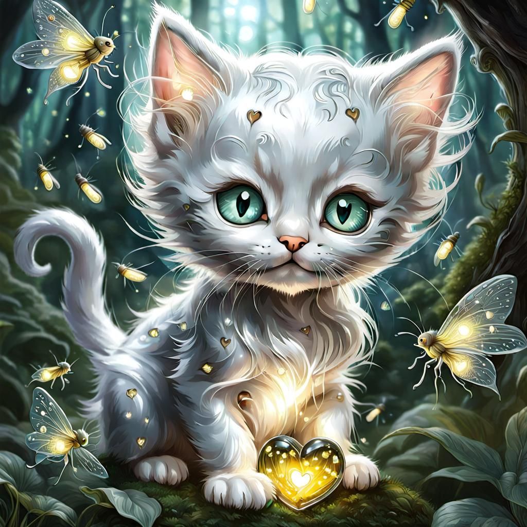 Kitten Playing in Fairytale Heart, Silver Highlights
