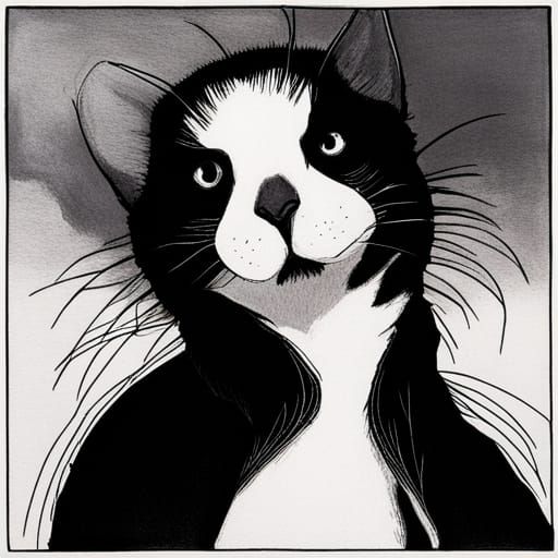 Vampire Kitten in Ink Painting Style