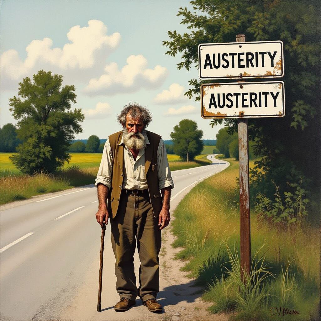 Man at Crossroads in Gritty Realism Style