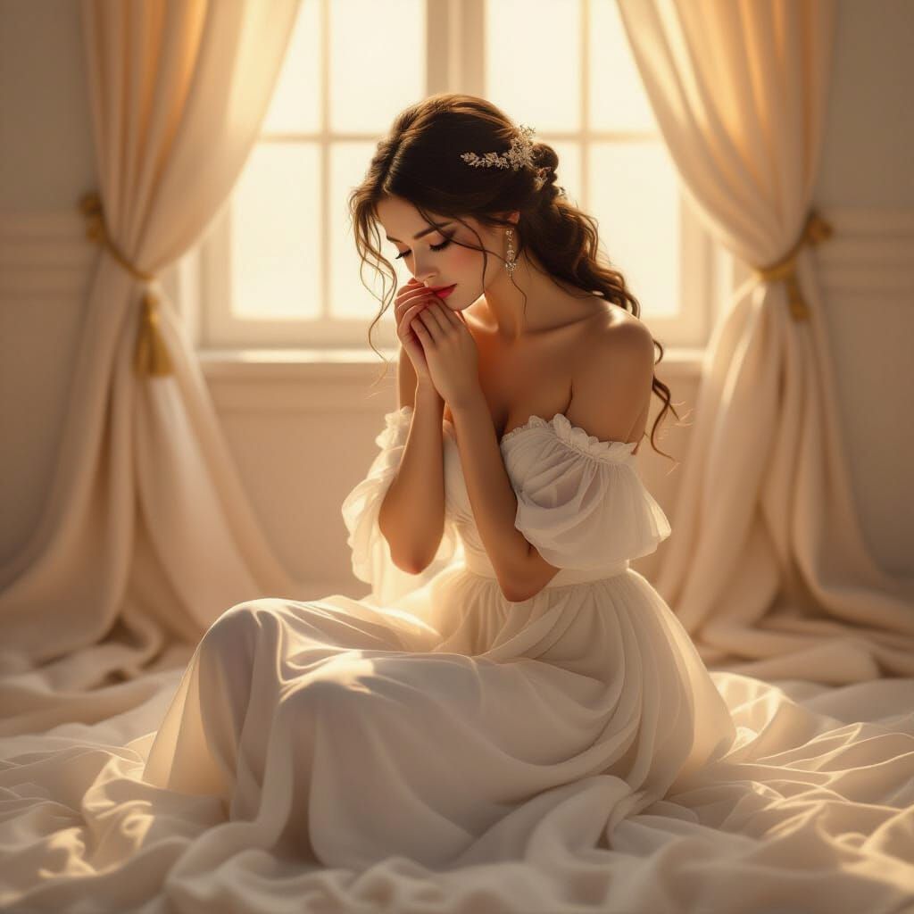 Ethereal Woman in Flowing Gown, Dreamy Art