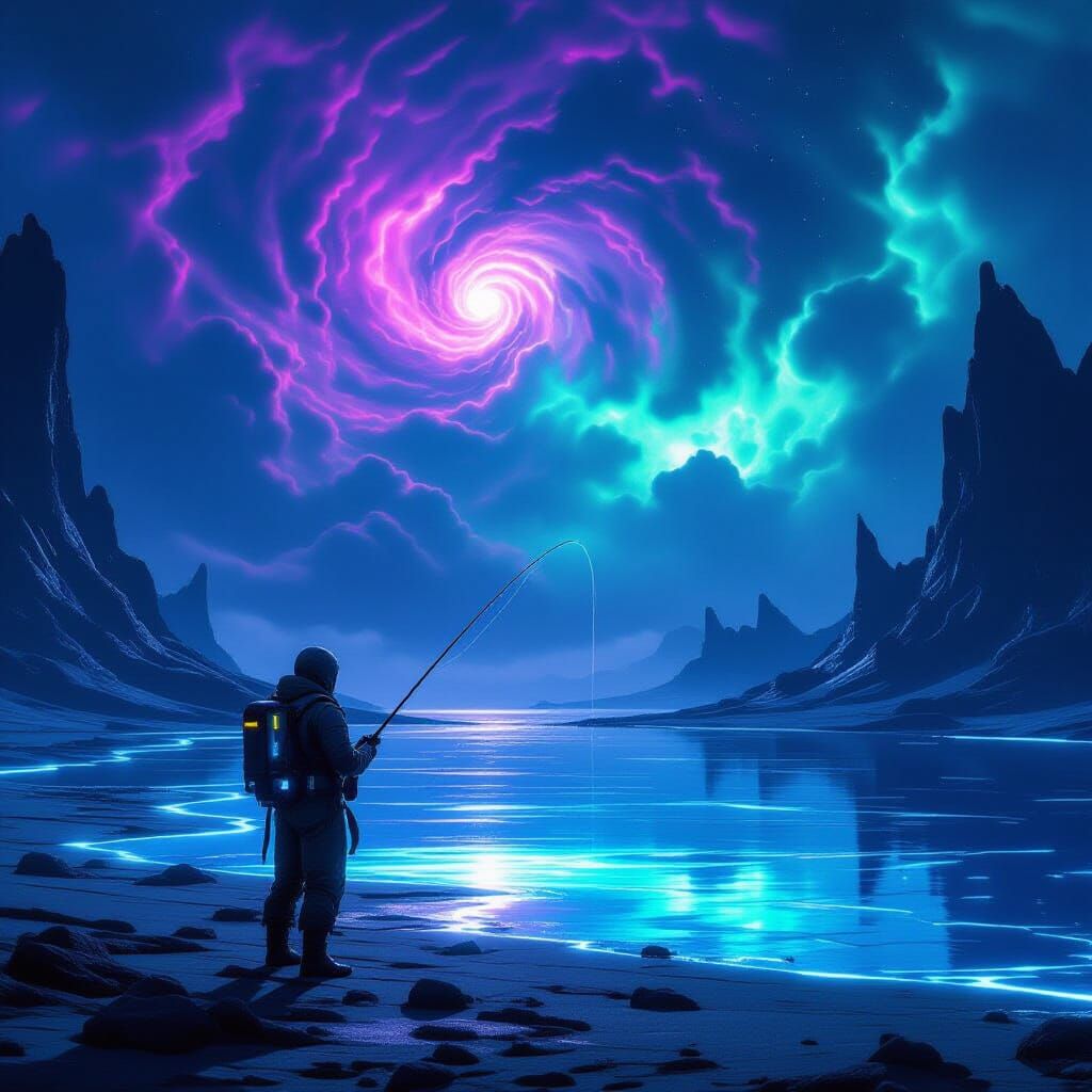 Alien Fisherman on Bioluminescent Planet in Nebula Sky