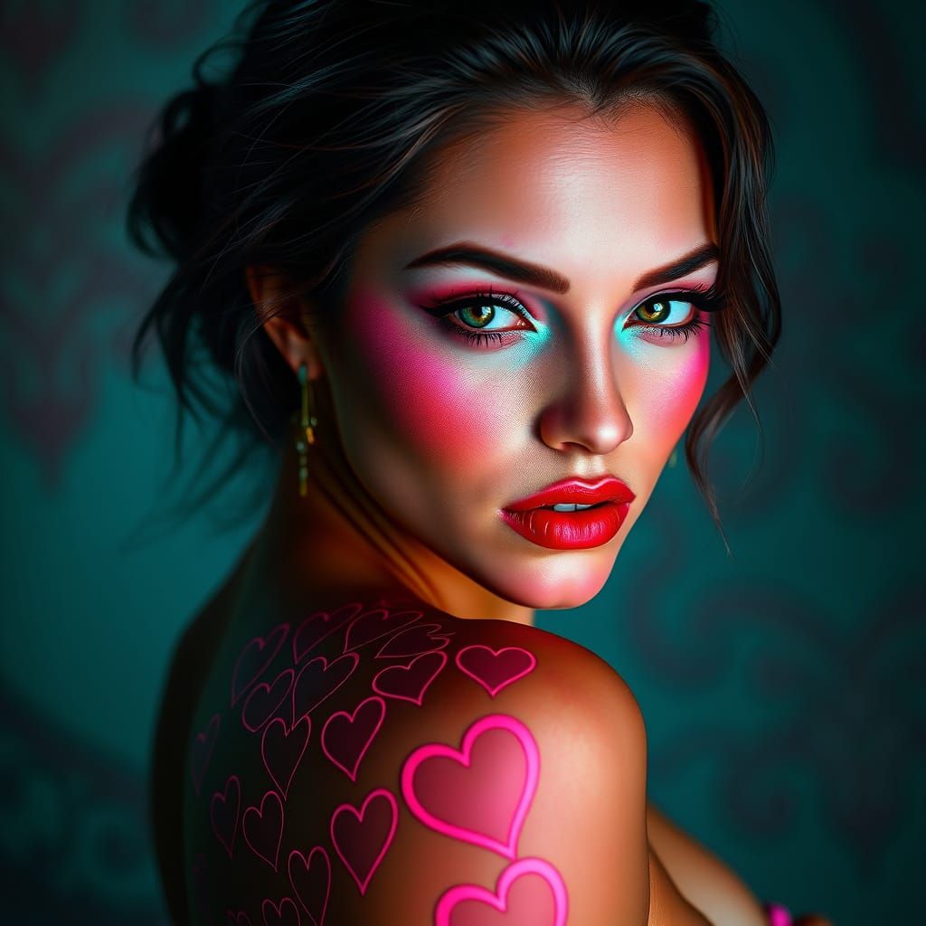 Neon Pin-Up with Infinite Hearts in Dark Fantasy Style