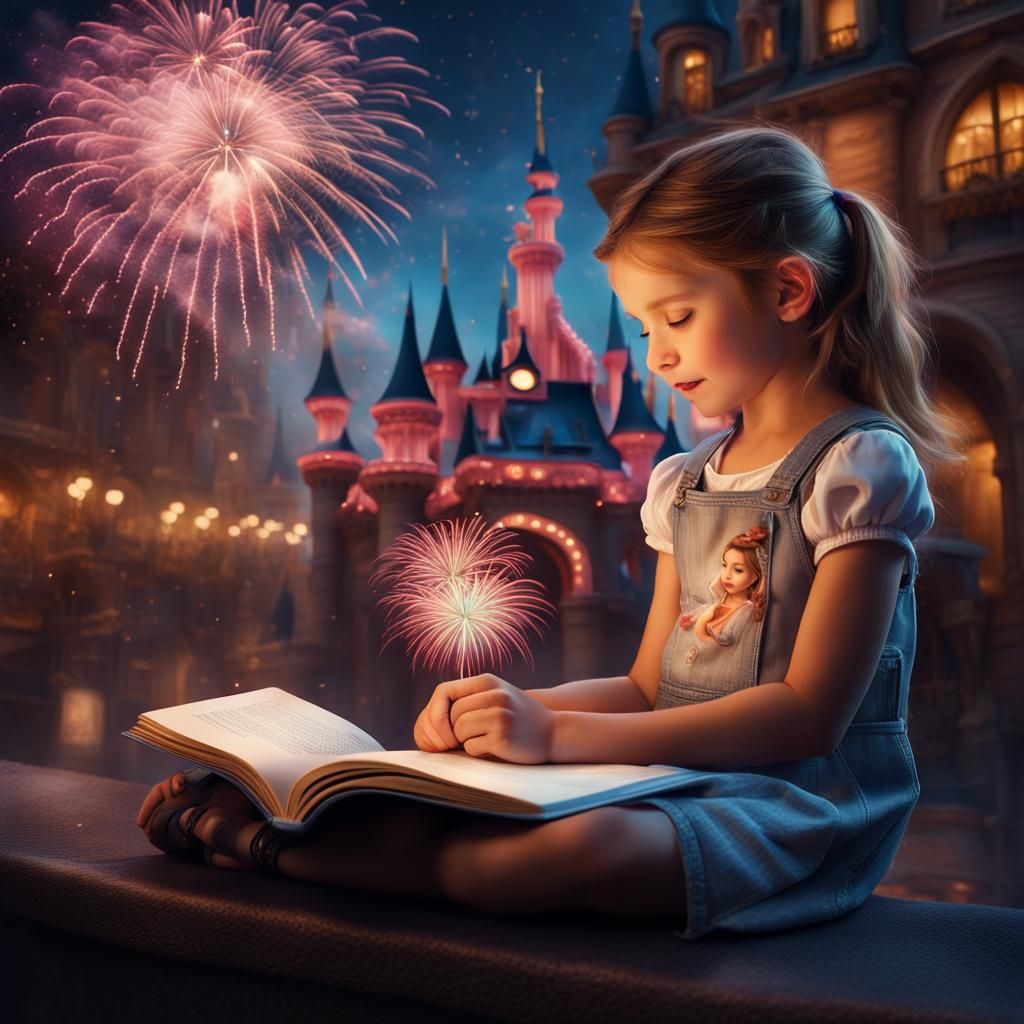 Girl Imagines Disneyland Fireworks in Matte Painting Style