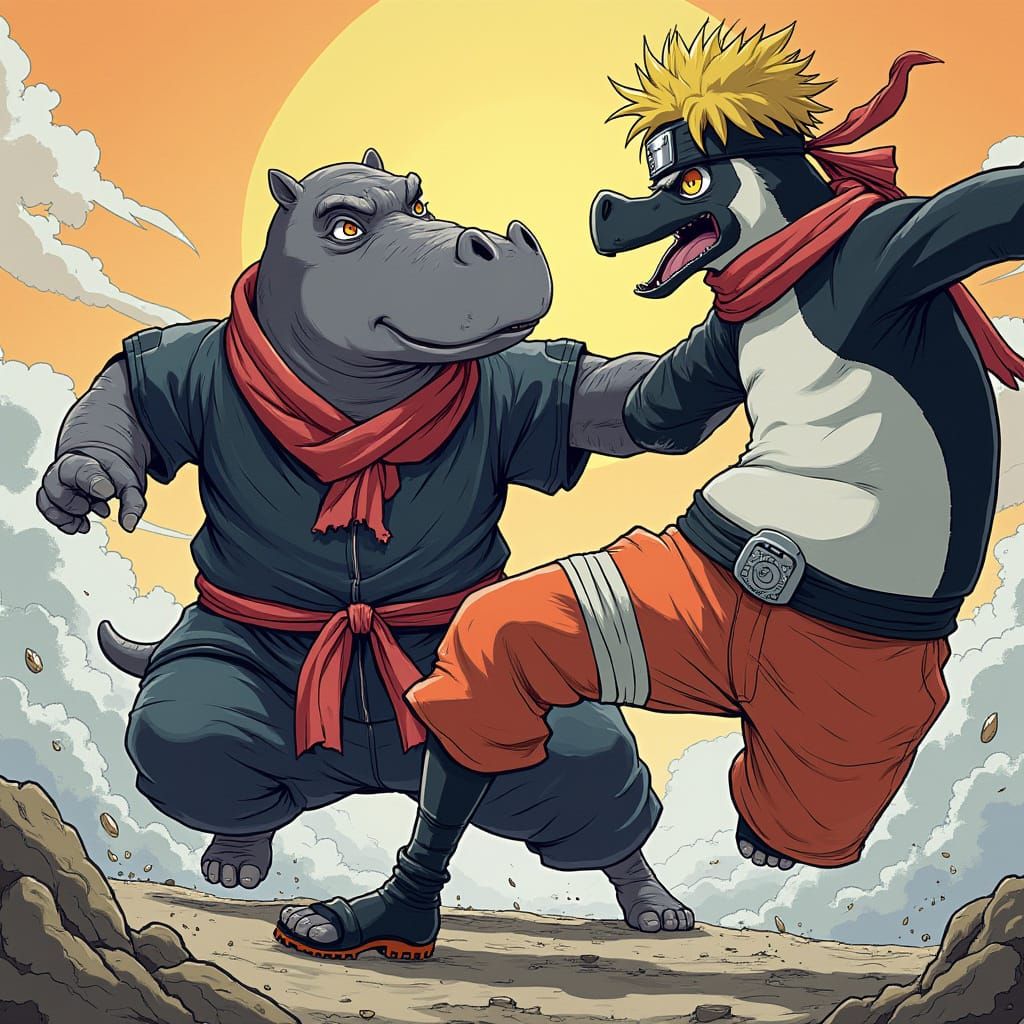 Hippo-Penguin Ninja Hybrid Battles Naruto in Digital Art