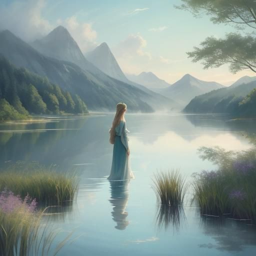 Serene Lake Scene in Soft Pastel Colors