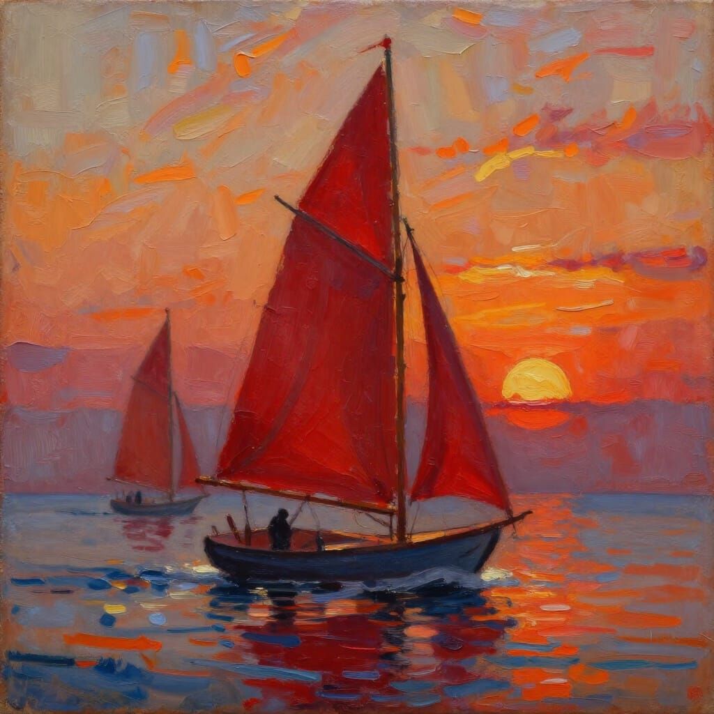 Expressionist Sunset Sailboats in Impasto Oil