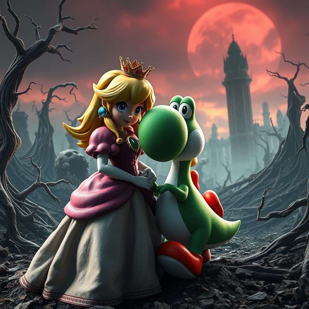 Dark Fantasy Princess Peach and Yoshi in Apocalypse