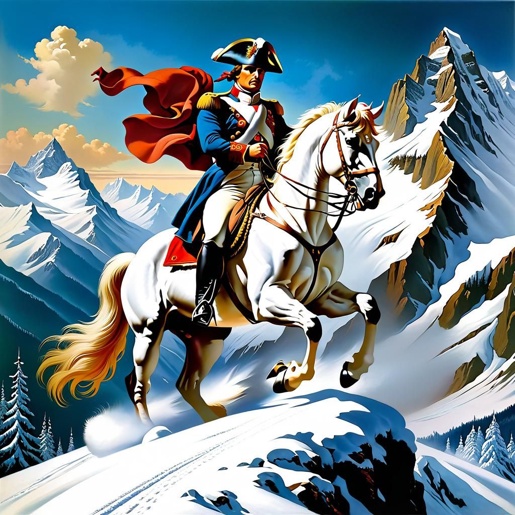 Napoleon Crossing Alps in Fantasy Art Style