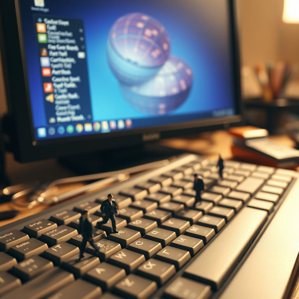 Miniature People on Keyboard in Cinematic Style