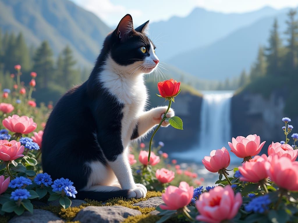 Cat with Rose Among Cyclamen Flowers