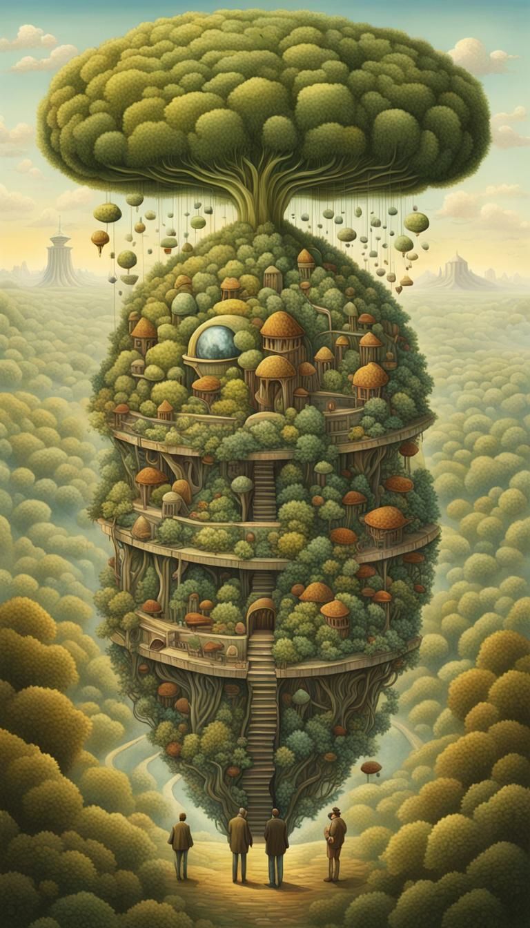 Surreal Figures Intertwined with Fantasy Landscapes