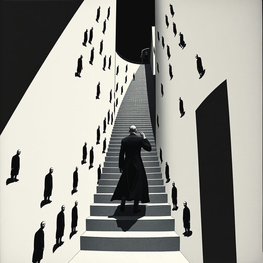 Surreal Staircase With Faceless Figure in Cubist Style