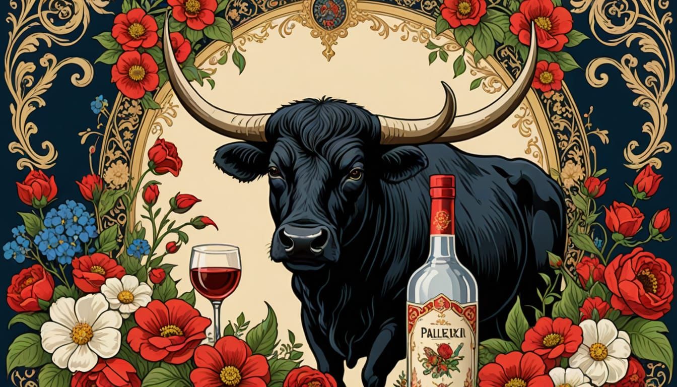 Bull Surrounded by Flowers on a Palekh Vodka Bottle