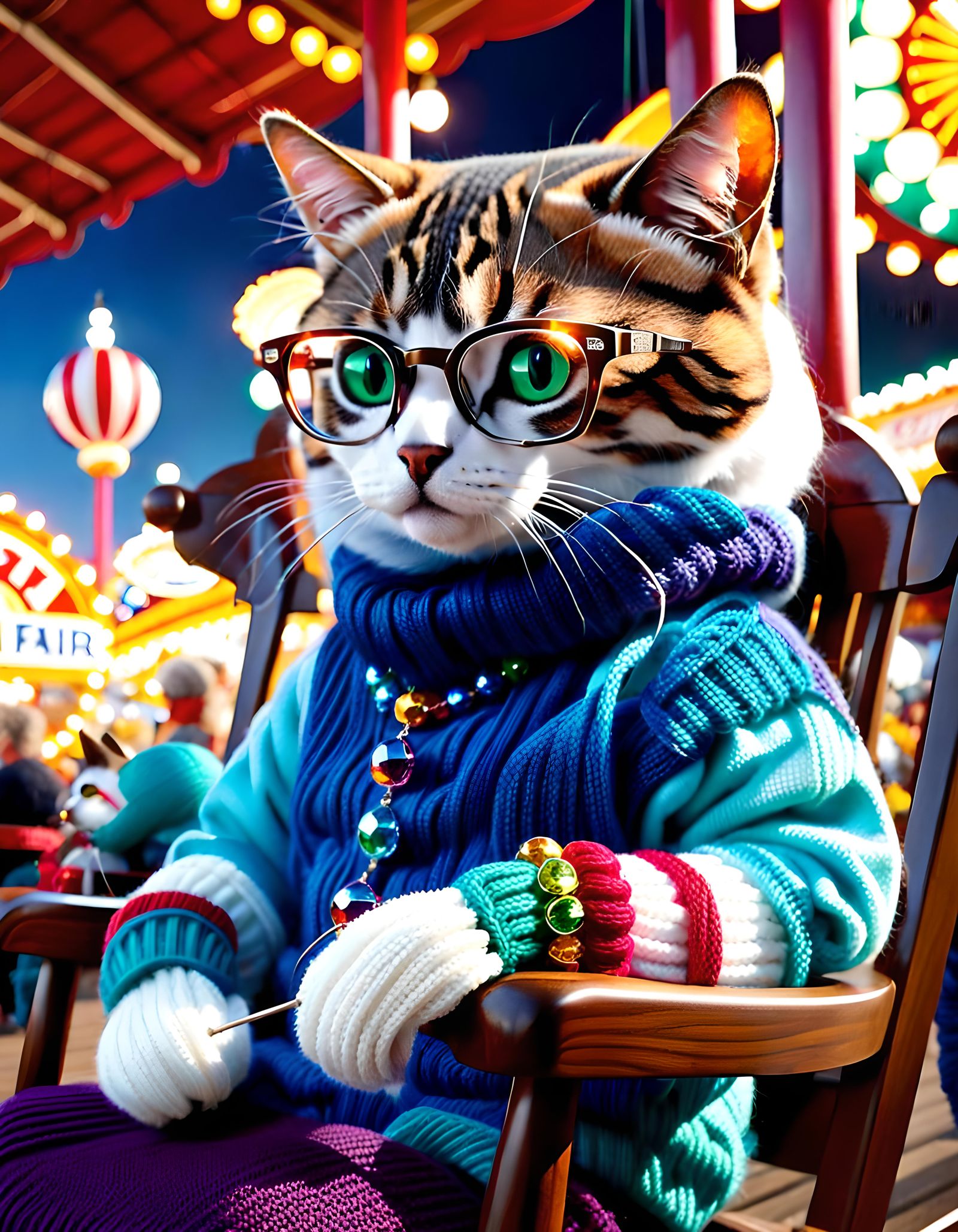 Cats Knitting Mittens at State Fair in Hyperrealism