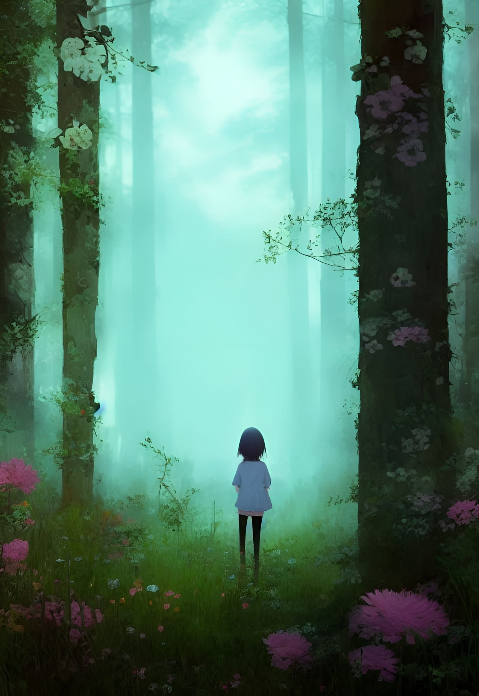 Girl in Flower Forest Digital Illustration