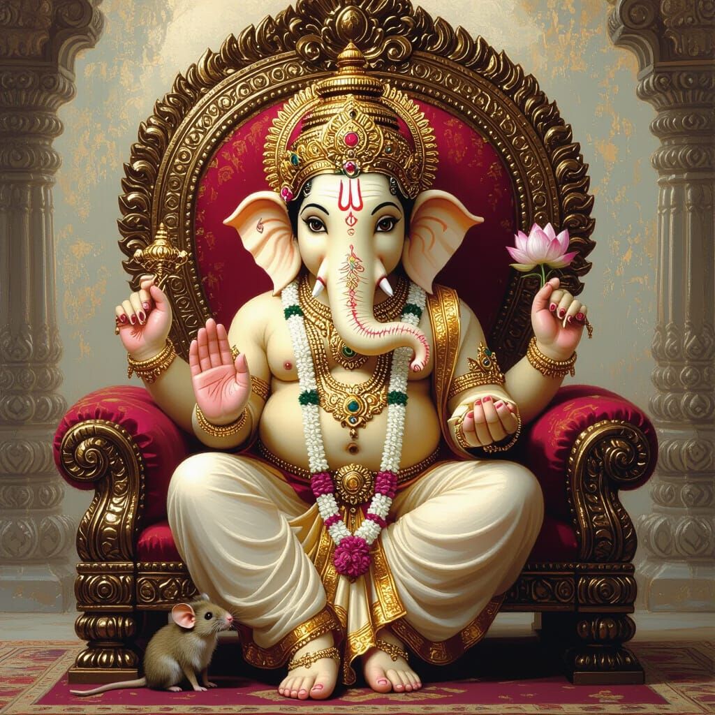 Lord Ganesha on Ornate Throne in Divine Realism Style