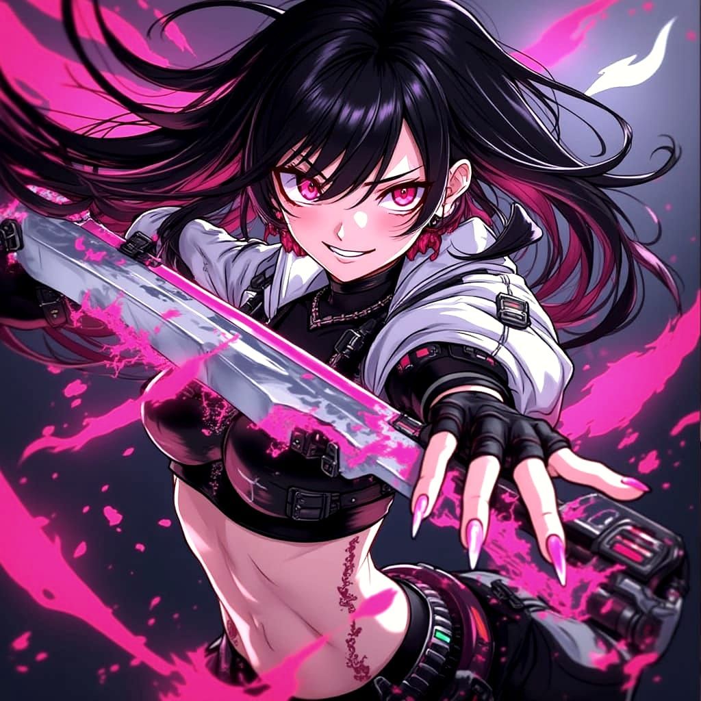 Dynamic Anime Girl Wielding Futuristic Sword in Neon Pink an...