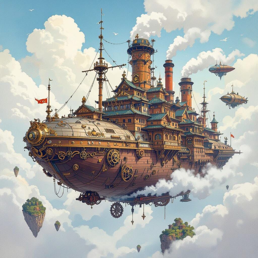 Fantastical City-Ship in Dieselpunk Aetherpunk Style