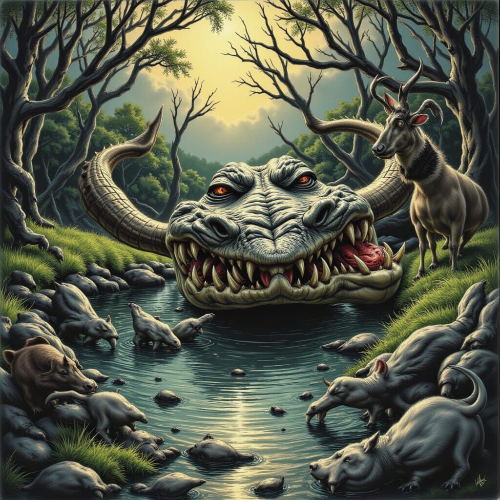 Menacing Alligator Dominates Serene Lake Scene