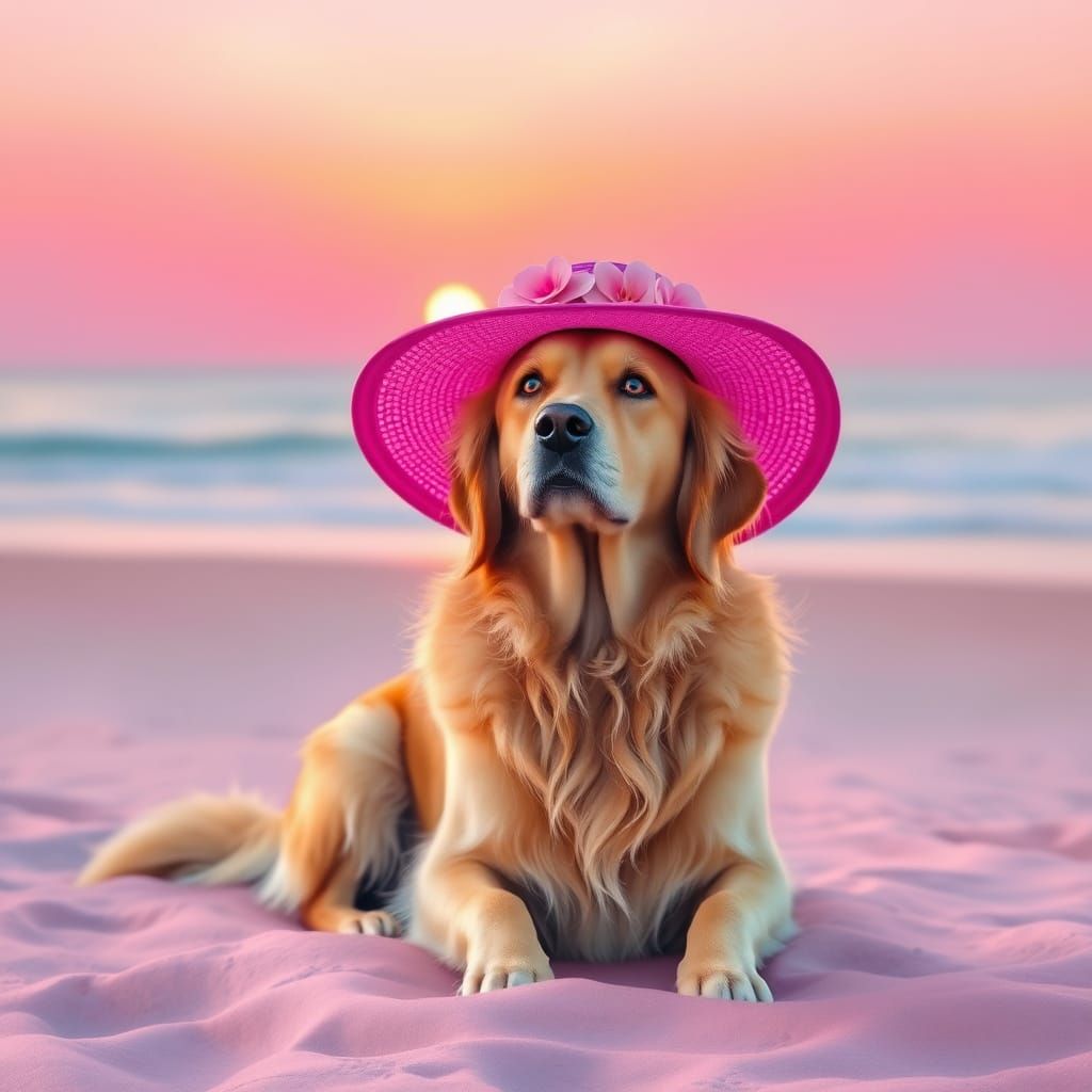 Pink Beach Scene with Golden Retriever in Whimsical Sunset