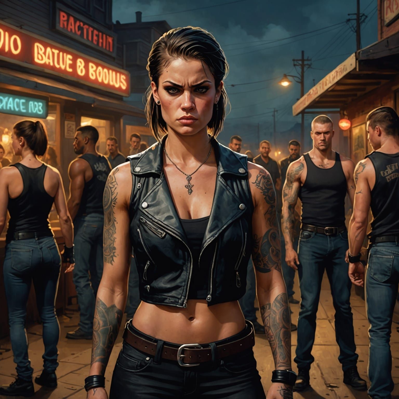 Furious Biker Woman Ready for Roadside Rumble