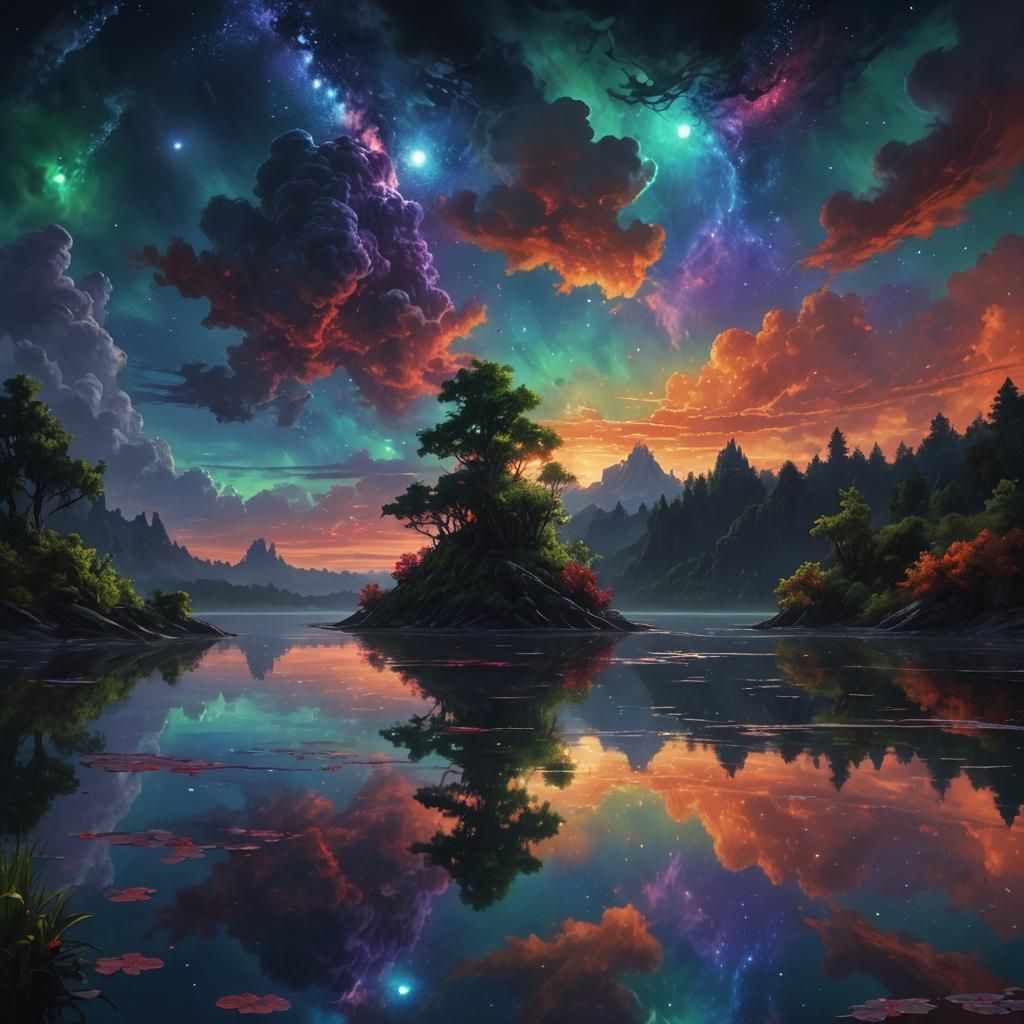 Surreal Night Lake Reflects Galaxy Sky