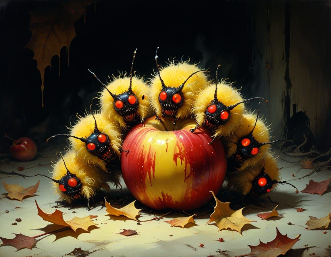 Macabre Horror: Evil Caterpillars Emerge from Rotten Apple
