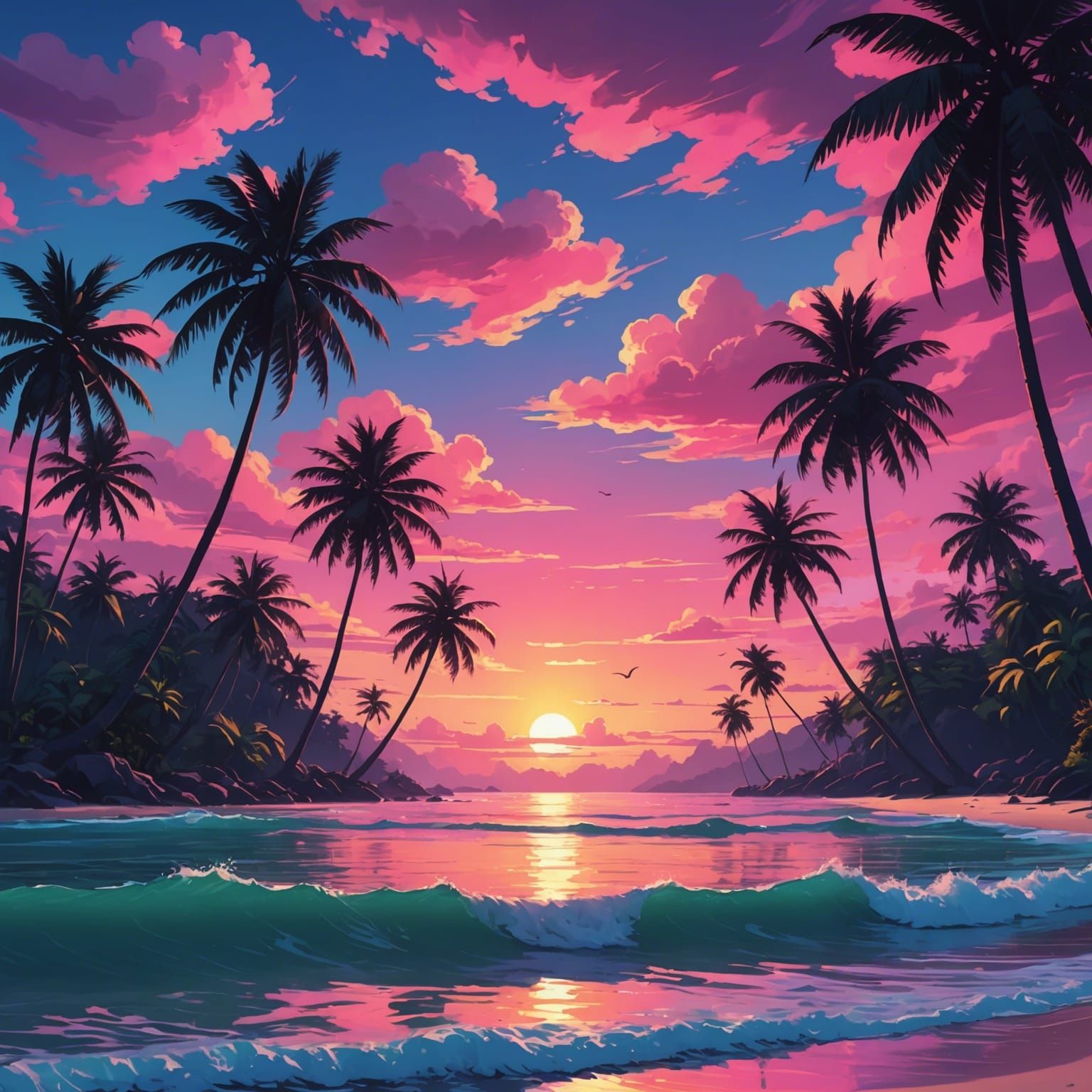 Neon Ocean Sunset in Anime Style