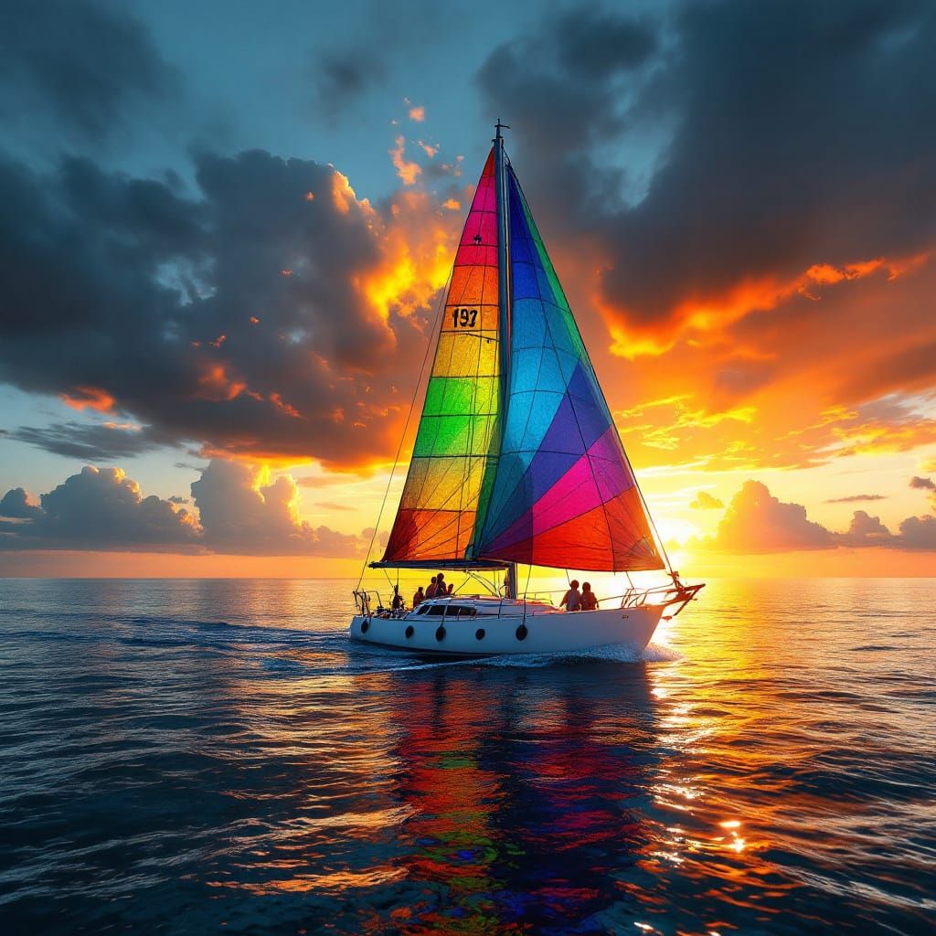 Vibrant Multicolor Sailboat at Breathtaking Sunset