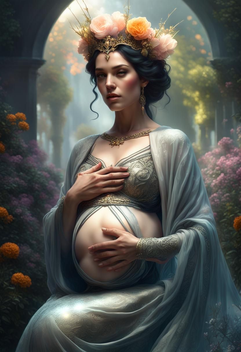 Pregnant Empress in Garden: Digital Matte Painting