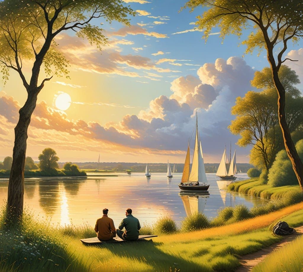 Gay Couple Watches Sailing Boats on River Meadow