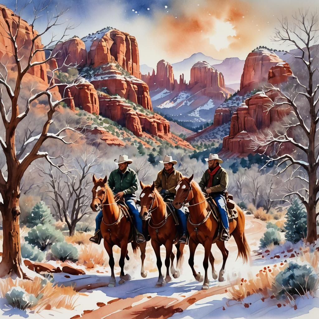 Cowboys Ride Through Sedona Winter Wonderland