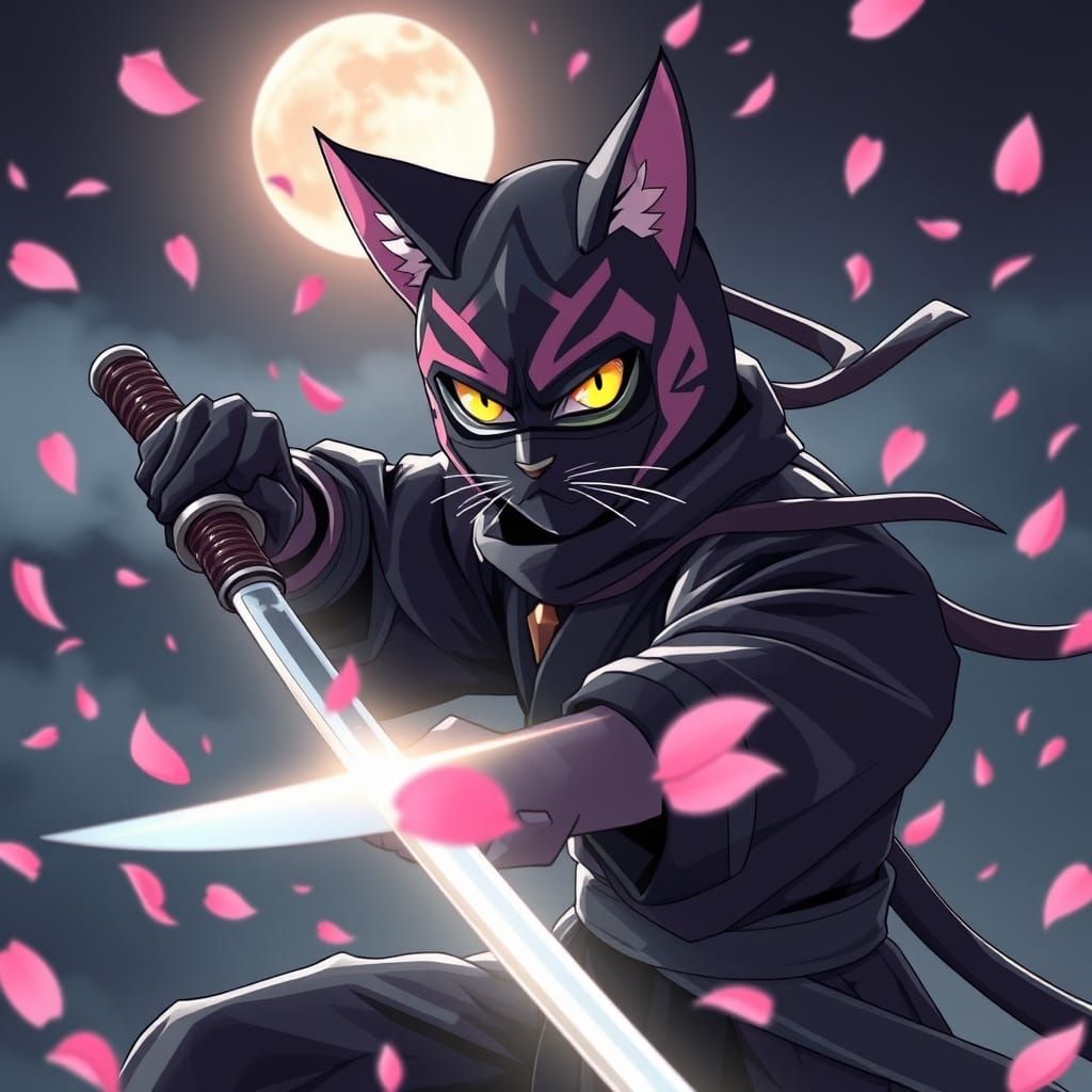 Anime Cat Ninja with Katana and Sakura Mask