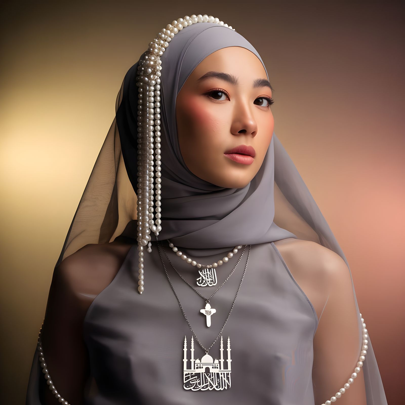 Ethereal Portrait: Asian Woman with Pearl Adornments
