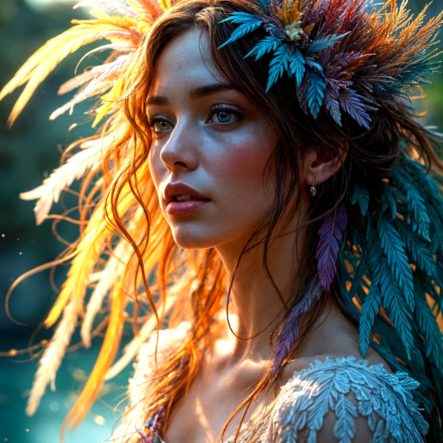 Ethereal Woman in Vibrant Feathers, Hyper Realistic Portrait