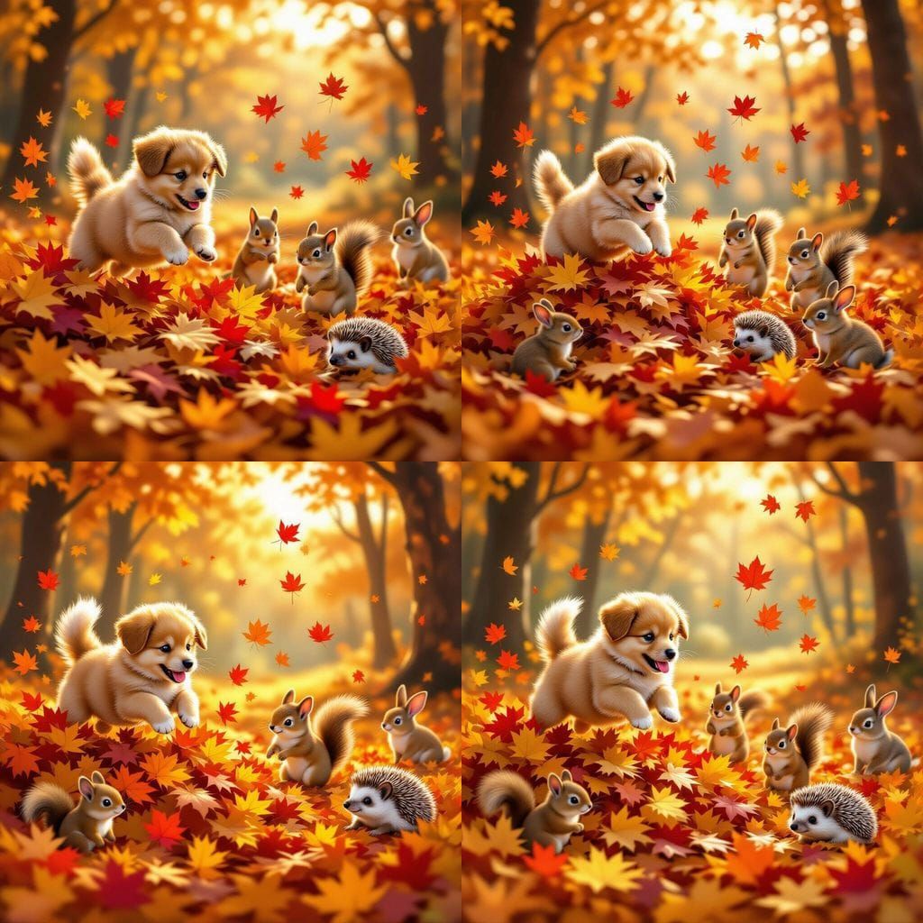 Woodland Animals Play in Vibrant Autumn Leaves